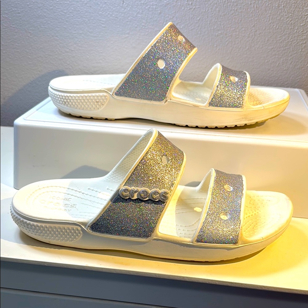 CROCS Classic 2 Strap Glitter Slide Sandals size 8